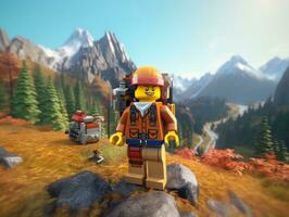 Lego character exploring a epic lego world AI Generative photo