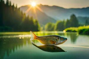 a fish is floating on the water in front of a mountain. AI-Generated photo