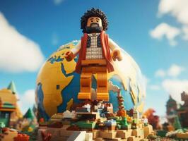 Lego character exploring a epic lego world AI Generative photo