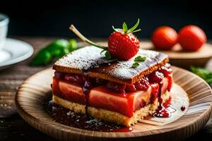 a strawberry cake with strawberries and cream on a wooden plate. AI-Generated photo