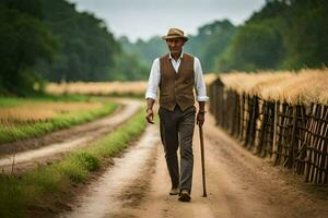 a man walking down a dirt road with a cane. AI-Generated photo