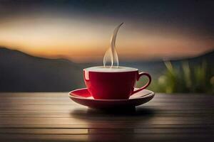 a cup of coffee on a wooden table with a sunset in the background. AI-Generated photo