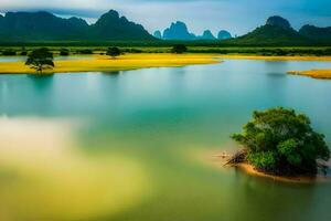 photo wallpaper the sky, mountains, water, trees, grass, the island, the river,. AI-Generated