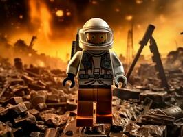 Lego character exploring a epic lego world AI Generative photo