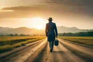 a man in a suit and hat walks down a dirt road. AI-Generated photo