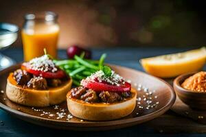 dos pequeño emparedados con carne y vegetales en un de madera lámina. generado por ai foto