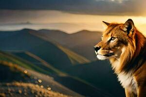 the lion is standing on a hill with the sun setting behind it. AI-Generated photo