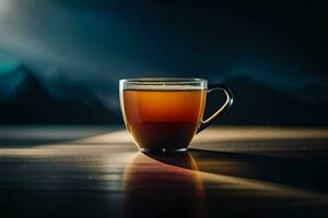 un taza de té en un mesa en frente de un oscuro antecedentes. generado por ai foto