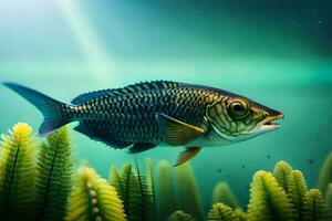 a fish swimming in the water with plants. AI-Generated photo