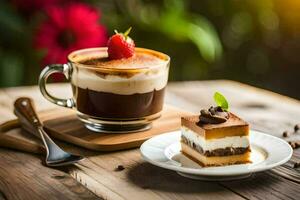 a cup of coffee and a slice of cake on a wooden table. AI-Generated photo