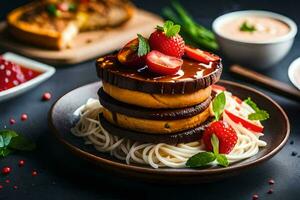 a stack of pancakes with strawberries and sauce. AI-Generated photo