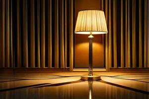 a lamp is sitting on a table in front of curtains. AI-Generated photo
