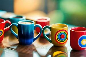 colorful coffee cups lined up on a table. AI-Generated photo