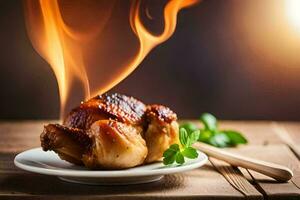 a chicken is on a plate with a flame. AI-Generated photo
