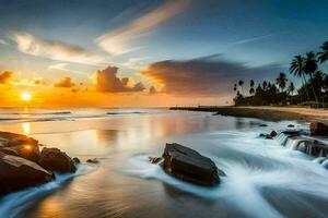 the sun sets over the ocean and waves crashing on the shore. AI-Generated photo