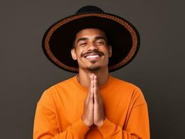 Mexican man in emotional dynamic pose on solid background AI Generative photo