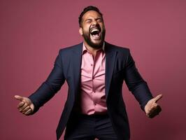 Mexican man in emotional dynamic pose on solid background AI Generative photo