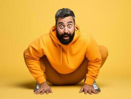 Mexican man in emotional dynamic pose on solid background AI Generative photo