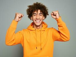 Mexican man in emotional dynamic pose on solid background AI Generative photo
