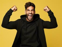 Mexican man in emotional dynamic pose on solid background AI Generative photo