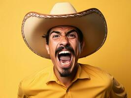 Mexican man in emotional dynamic pose on solid background AI Generative photo