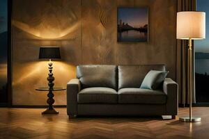 a living room with a leather couch and lamp. AI-Generated photo