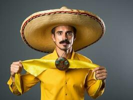 Mexican man in emotional dynamic pose on solid background AI Generative photo