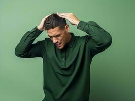Mexican man in emotional dynamic pose on solid background AI Generative photo