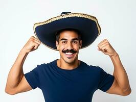 Mexican man in playful pose on white background AI Generative photo