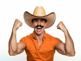 Mexican man in playful pose on white background AI Generative photo