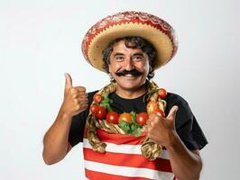 Mexican man in playful pose on white background AI Generative photo