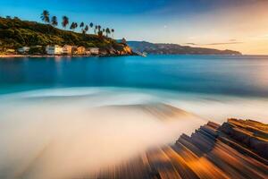 a long exposure photograph of the ocean and a beach at sunset. AI-Generated photo