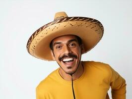 Mexican man in playful pose on white background AI Generative photo