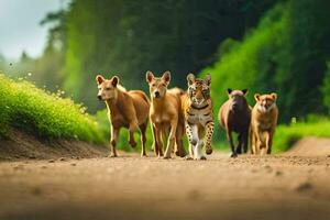 un grupo de perros y un Tigre caminando abajo un suciedad la carretera. generado por ai foto