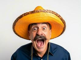 Mexican man in playful pose on white background AI Generative photo