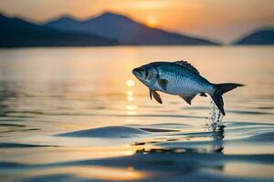 un pescado saltando fuera de el agua a puesta de sol. generado por ai foto