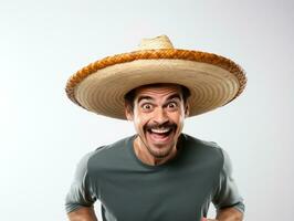 Mexican man in playful pose on white background AI Generative photo