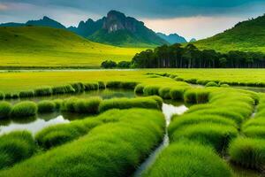 un hermosa paisaje con césped y agua. generado por ai foto