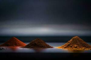 three different colored powders on a table. AI-Generated photo