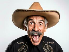 Mexican man in playful pose on white background AI Generative photo