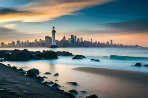 un ciudad horizonte a puesta de sol con un faro en el primer plano. generado por ai foto