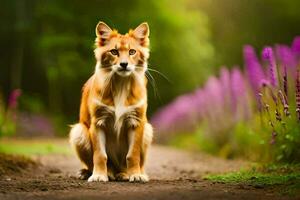 a dog sitting on the road in front of purple flowers. AI-Generated photo