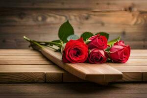 red roses on a wooden table. AI-Generated photo