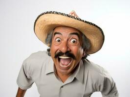 Mexican man in playful pose on white background AI Generative photo