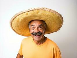 mexicano hombre en juguetón actitud en blanco antecedentes ai generativo foto