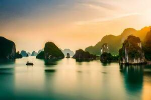 the sun sets over the water in halong bay, vietnam. AI-Generated photo