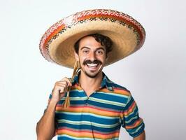 Mexican man in playful pose on white background AI Generative photo