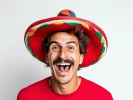 Mexican man in playful pose on white background AI Generative photo