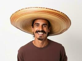mexicano hombre en juguetón actitud en blanco antecedentes ai generativo foto