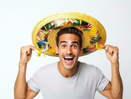 Mexican man in playful pose on white background AI Generative photo